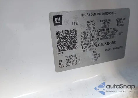 2020 Chevrolet Silverado 1500 4Wd Standard Bed Lt z USA, uszkodzony, nr VIN 1GCVYDED5LZ355666